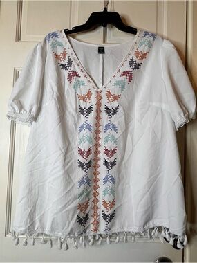 SHEIN White V-Neck Peasant Top with Multicolor Cross-Stitch